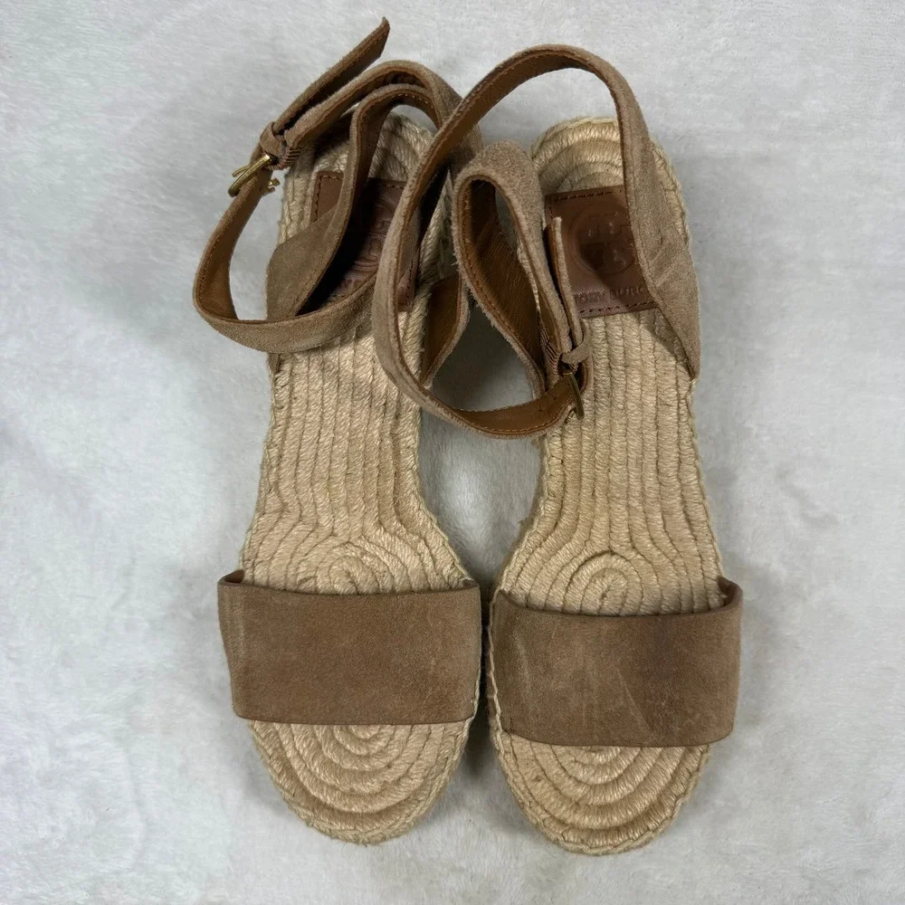 Tory Burch Ines Suede Espadrille Wedge Sandals Brown Ankle Strap 4in Heel 7.5